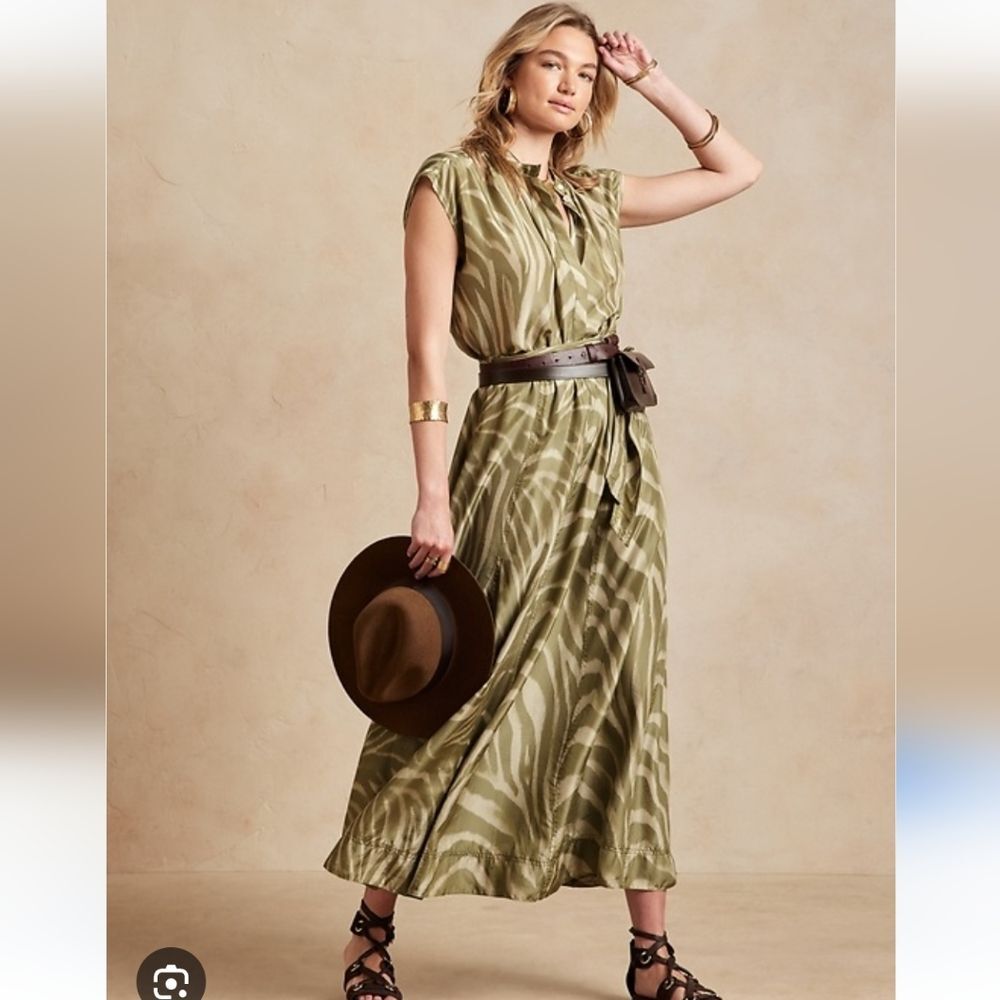 Banana Republic Nocturne Silk Zebra Print Maxi Skirt Green Safari Small Petite